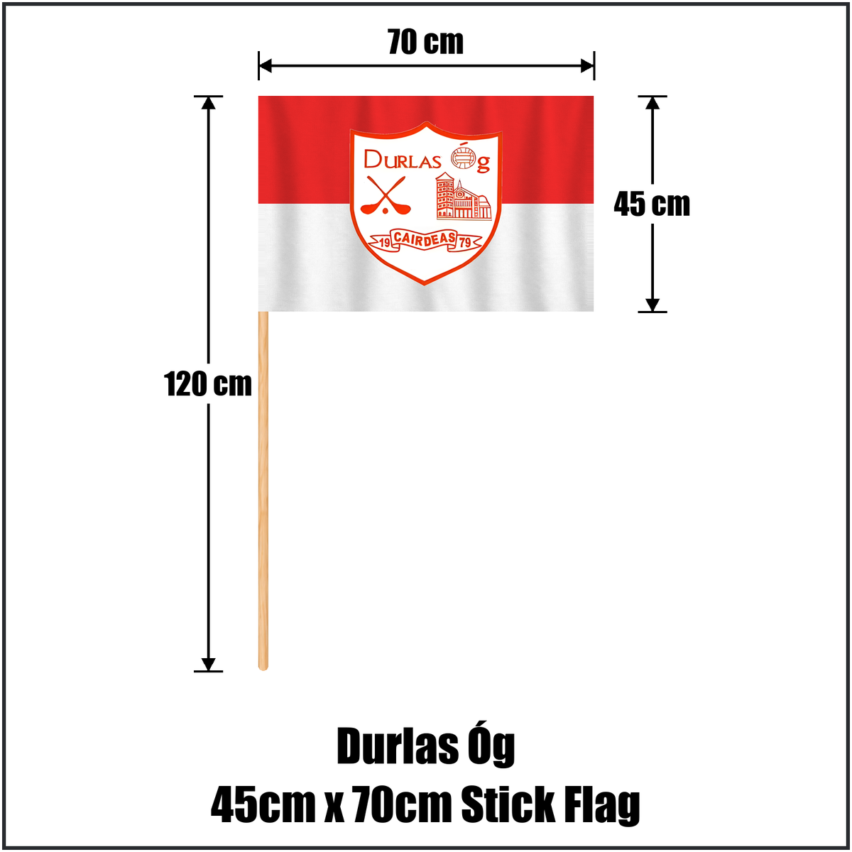Durlas Óg 45cm x 70cm Stick Flag, featuring the club crest and red and white colours; County Tipperary GAA. ClubFlags.ie.