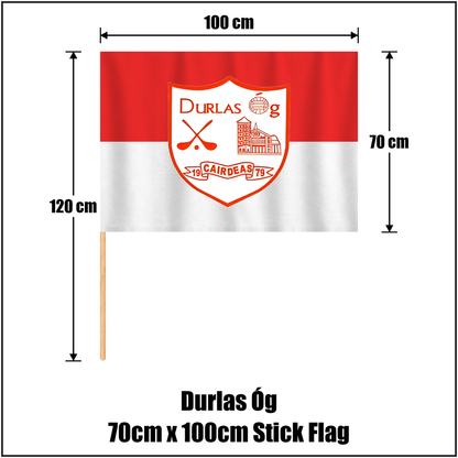 Durlas Óg 70cm x 100cm Stick Flag, featuring the club crest and red and white colours; County Tipperary GAA. ClubFlags.ie.