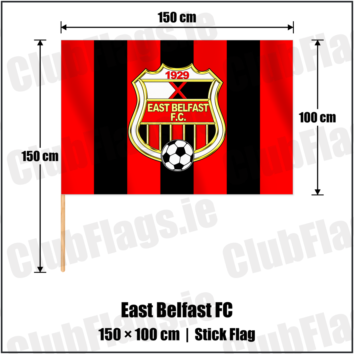 East Belfast FC 100cm x 150cm Stick Flag with the club crest and colours, Down Football - ClubFlags.ie