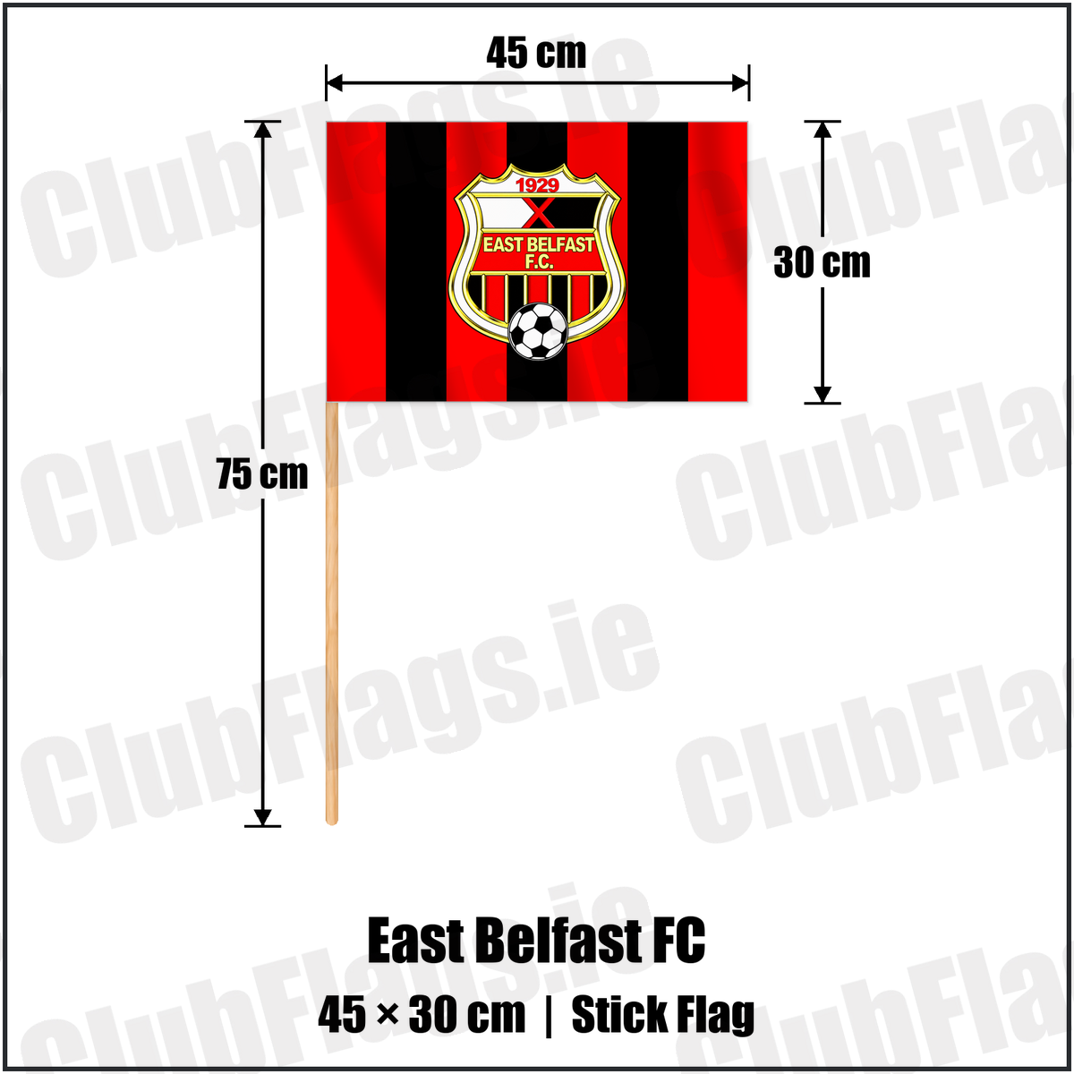 East Belfast FC 30cm x 45cm Stick Flag with the club crest and colours, Down Football - ClubFlags.ie