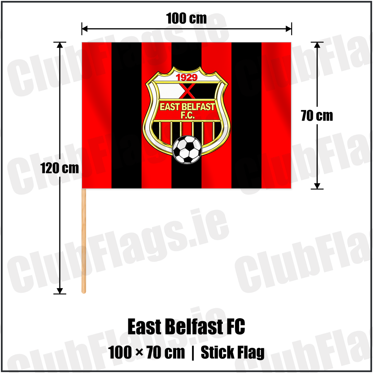 East Belfast FC 70cm x 100cm Stick Flag with the club crest and colours, Down Football - ClubFlags.ie