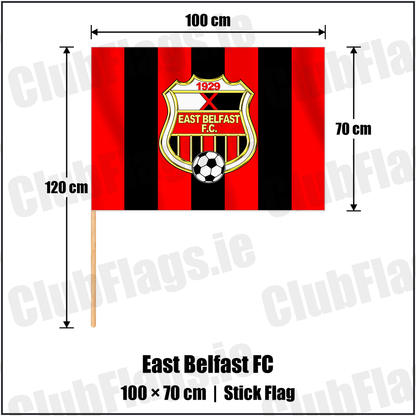 East Belfast FC 70cm x 100cm Stick Flag with the club crest and colours, Down Football - ClubFlags.ie