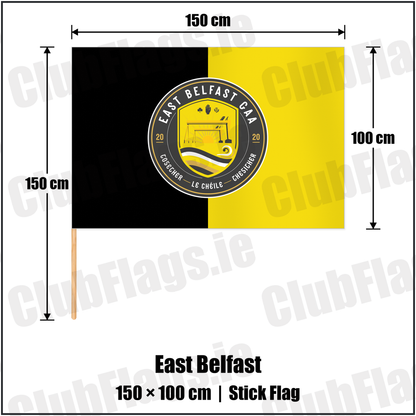 East Belfast 100cm x 150cm Stick Flag with the club crest and colours, Down GAA - ClubFlags.ie