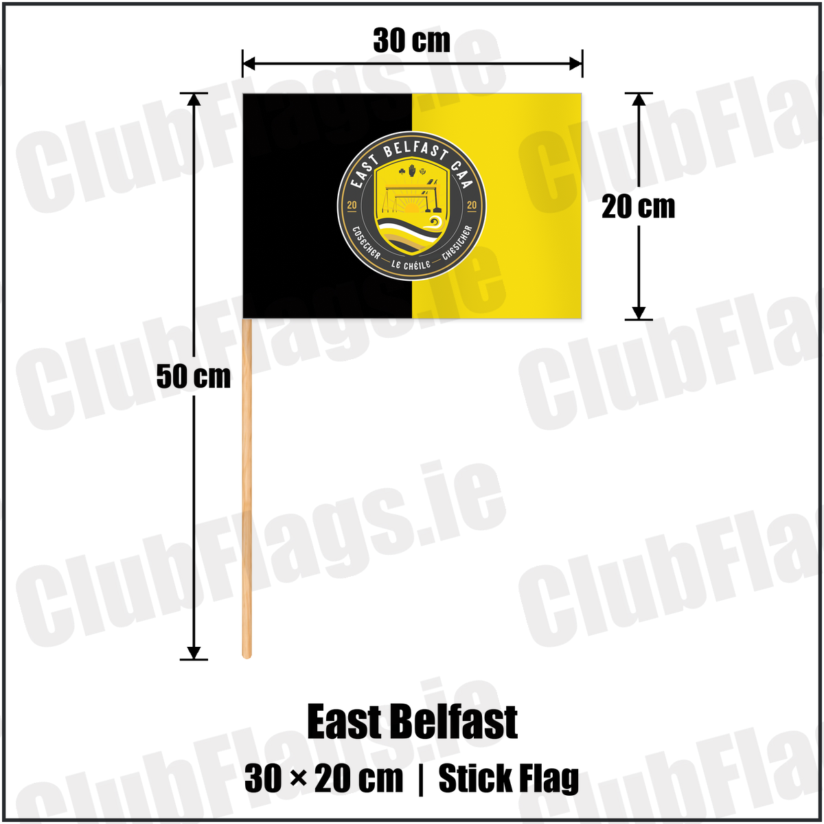 East Belfast 20cm x 30cm Stick Flag with the club crest and colours, Down GAA - ClubFlags.ie
