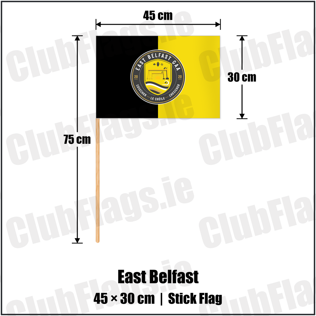East Belfast 30cm x 45cm Stick Flag with the club crest and colours, Down GAA - ClubFlags.ie