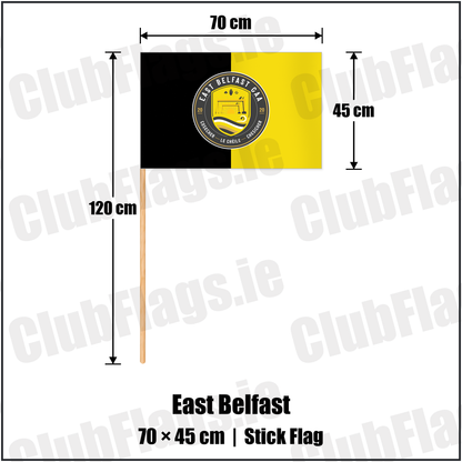 East Belfast 45cm x 70cm Stick Flag with the club crest and colours, Down GAA - ClubFlags.ie