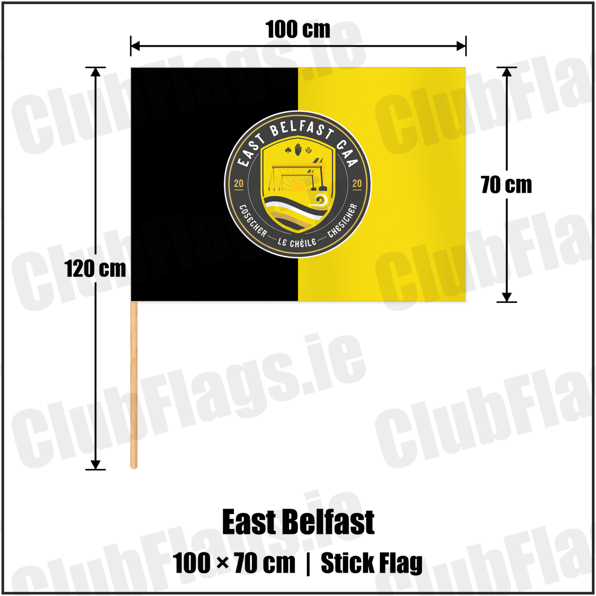 East Belfast 70cm x 100cm Stick Flag with the club crest and colours, Down GAA - ClubFlags.ie