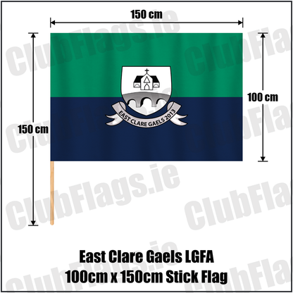 East Clare Gaels LGFA 100cm x 150cm Stick Flag, featuring the club crest and green and navy and white colours; County Clare ladies Gaelic football. ClubFlags.ie.