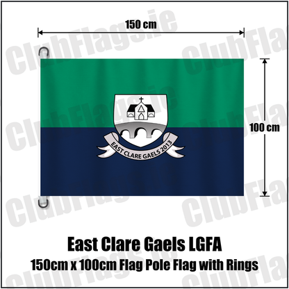 East Clare Gaels LGFA 150cm x 100cm Flag Pole Flag with Rings, featuring the club crest and green and navy and white colours; County Clare ladies Gaelic football. ClubFlags.ie.