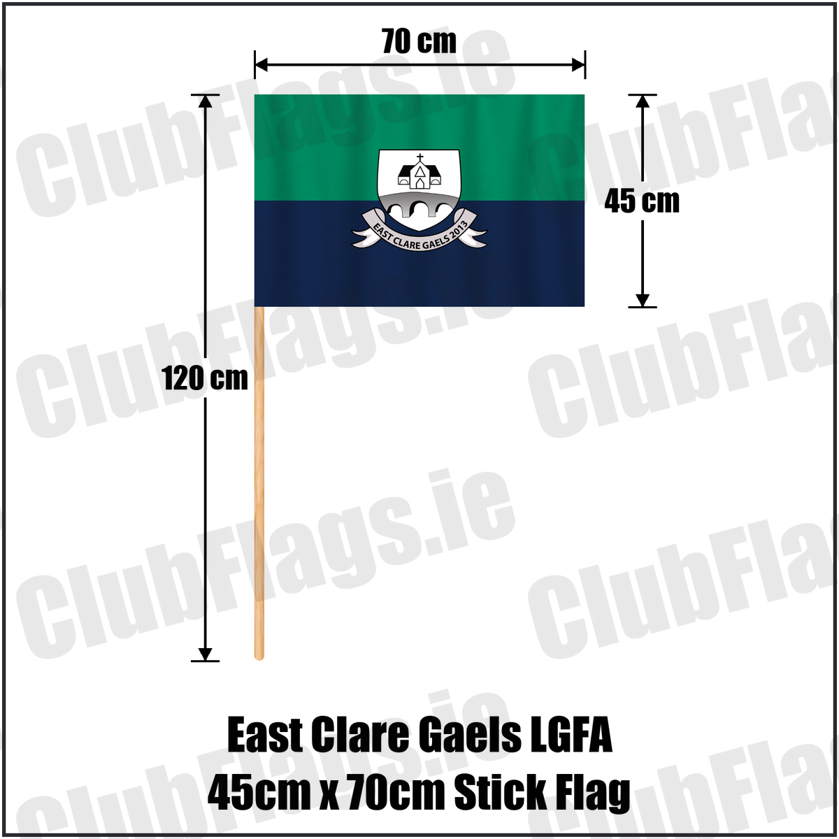 East Clare Gaels LGFA 45cm x 70cm Stick Flag, featuring the club crest and green and navy and white colours; County Clare ladies Gaelic football. ClubFlags.ie.