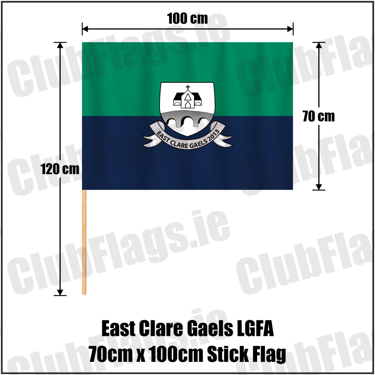 East Clare Gaels LGFA 70cm x 100cm Stick Flag, featuring the club crest and green and navy and white colours; County Clare ladies Gaelic football. ClubFlags.ie.