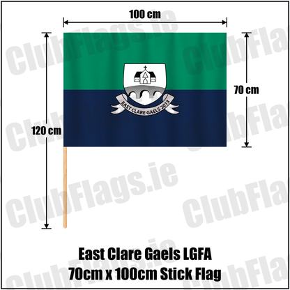 East Clare Gaels LGFA 70cm x 100cm Stick Flag, featuring the club crest and green and navy and white colours; County Clare ladies Gaelic football. ClubFlags.ie.