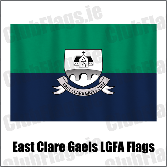 East Clare Gaels LGFA Flags, featuring the club crest and green and navy and white colours; County Clare ladies Gaelic football. ClubFlags.ie.