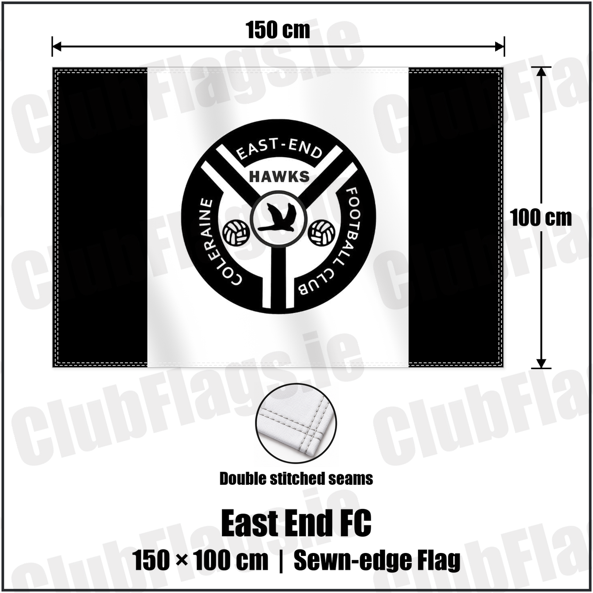 East End FC 100cm x 150cm Flag (sewn on the edges) with the club crest and colours, Derry Football - ClubFlags.ie