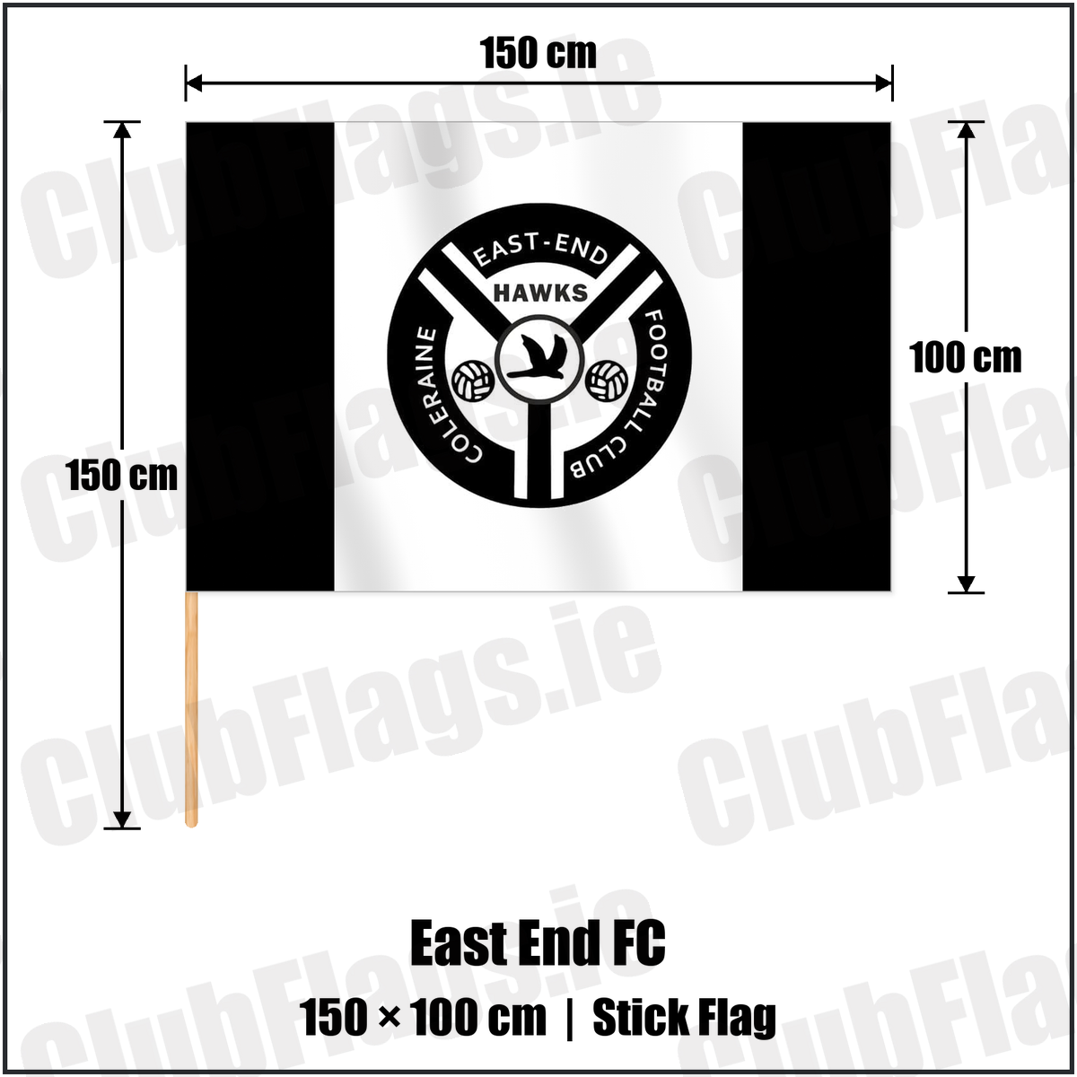East End FC 100cm x 150cm Stick Flag with the club crest and colours, Derry Football - ClubFlags.ie