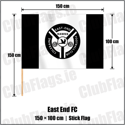 East End FC 100cm x 150cm Stick Flag with the club crest and colours, Derry Football - ClubFlags.ie