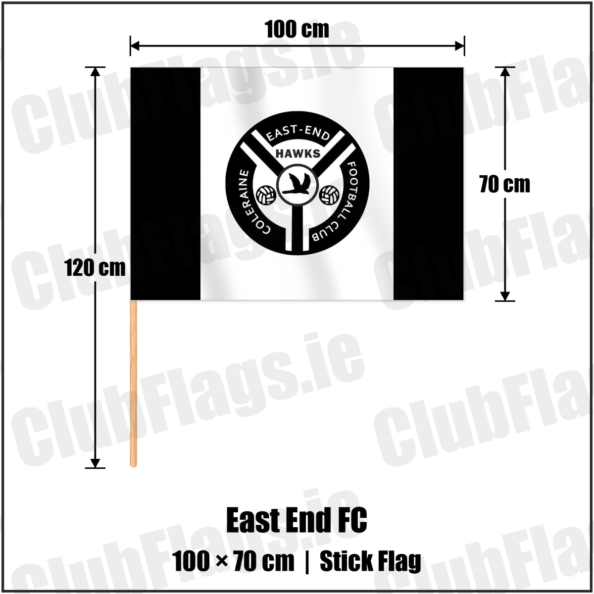 East End FC 70cm x 100cm Stick Flag with the club crest and colours, Derry Football - ClubFlags.ie