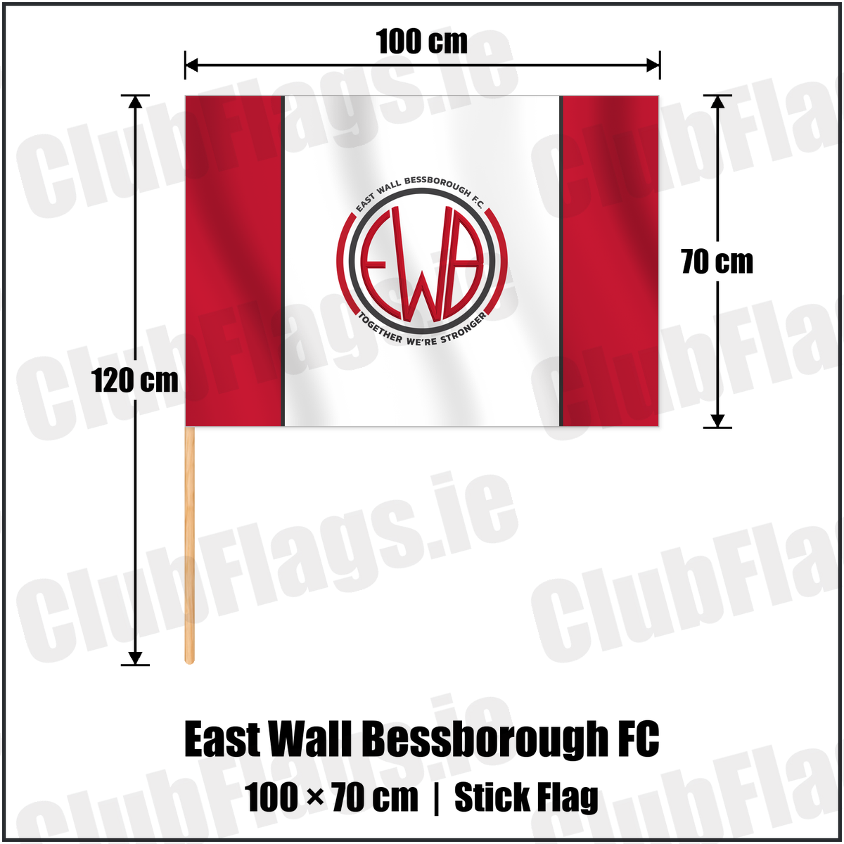 East Wall Bessborough FC 70cm x 100cm Stick Flag with the club crest and colours, Dublin Football - ClubFlags.ie