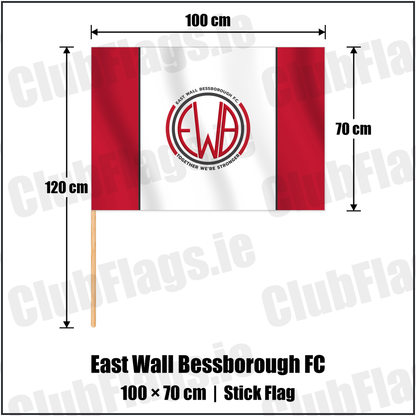 East Wall Bessborough FC 70cm x 100cm Stick Flag with the club crest and colours, Dublin Football - ClubFlags.ie