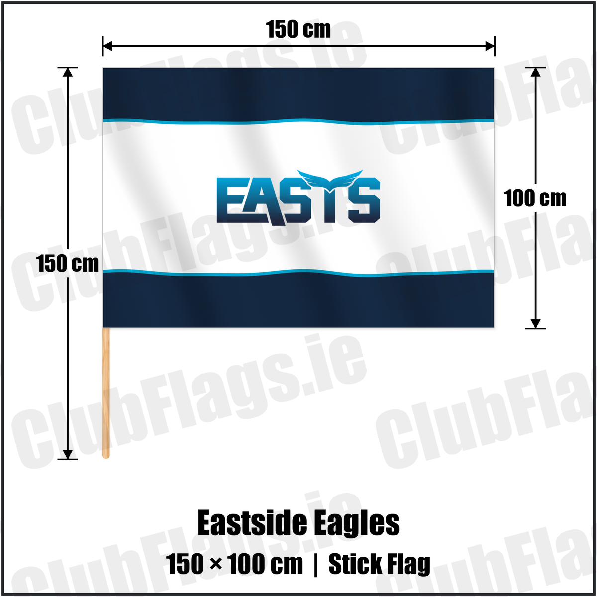 Eastside Eagles 100cm x 150cm Stick Flag with the club crest and colours, Down Rugby - ClubFlags.ie