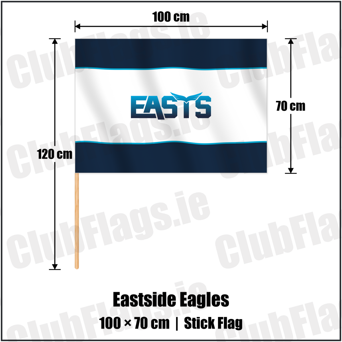 Eastside Eagles 70cm x 100cm Stick Flag with the club crest and colours, Down Rugby - ClubFlags.ie