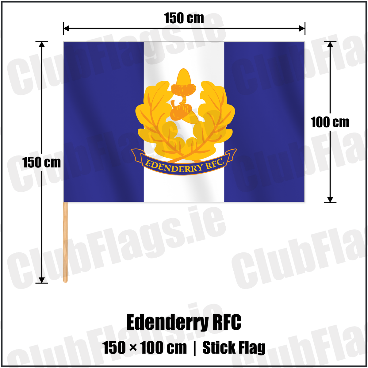 Edenderry RFC 100cm x 150cm Stick Flag with the club crest and colours, Kildare Rugby - ClubFlags.ie