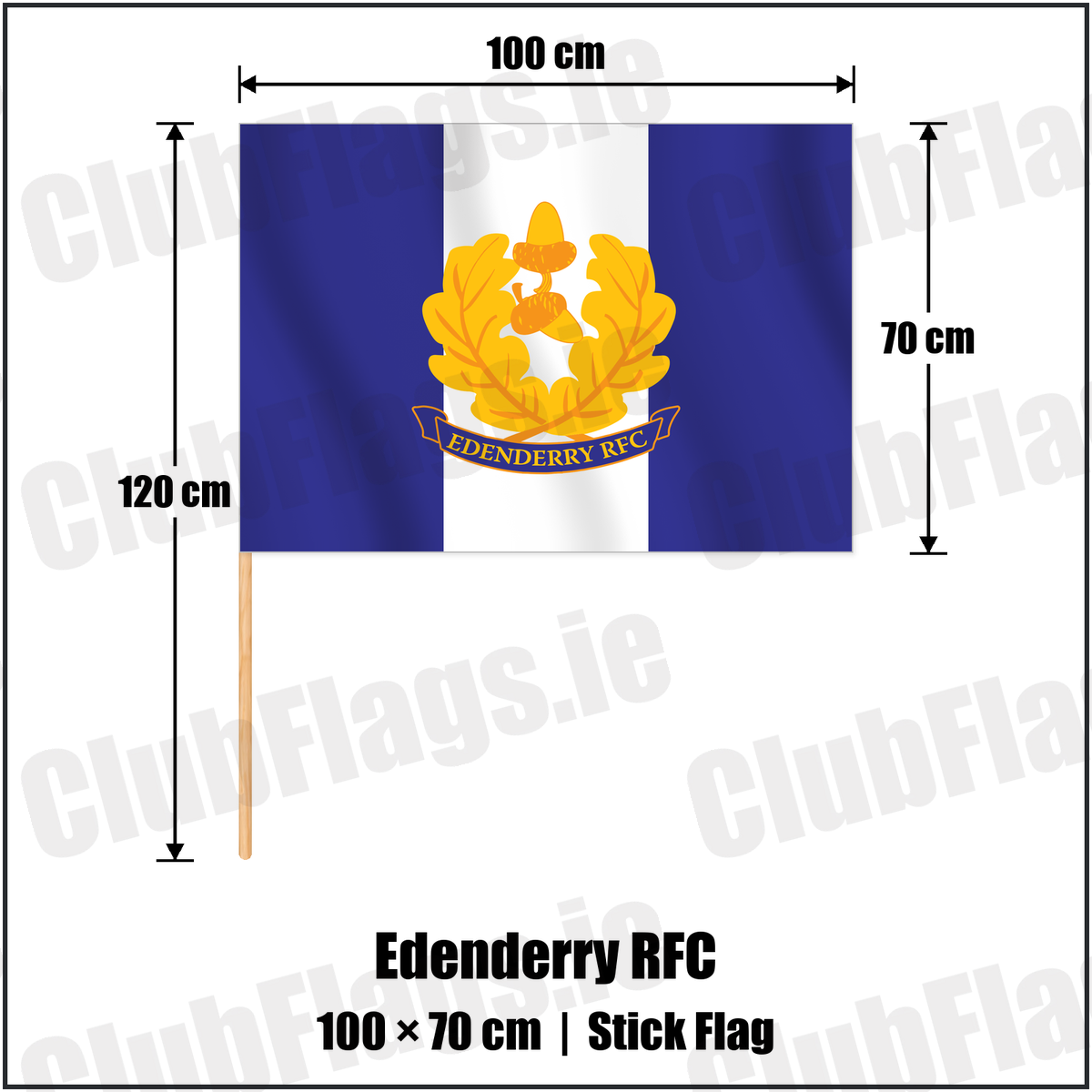 Edenderry RFC 70cm x 100cm Stick Flag with the club crest and colours, Kildare Rugby - ClubFlags.ie