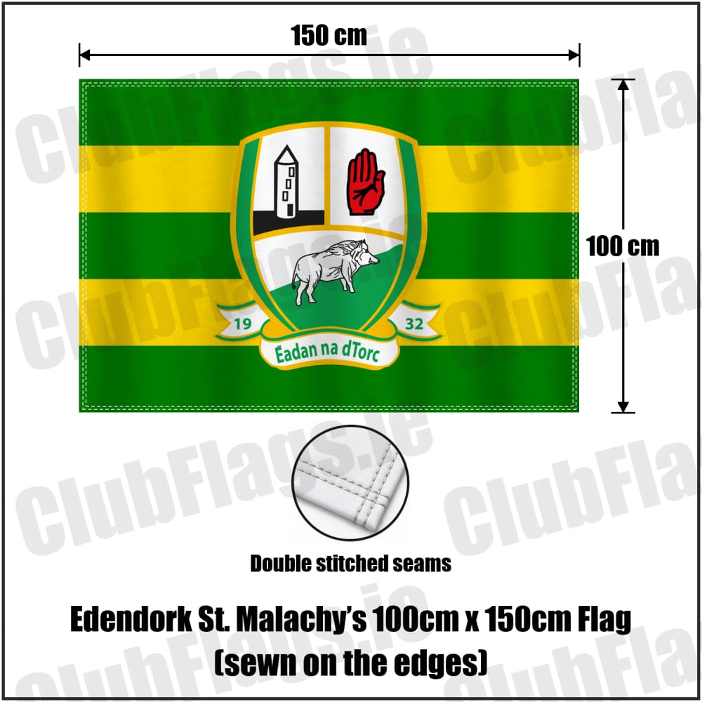 Edendork St. Malachy’s 100cm x 150cm Flag (sewn on the edges) in green and gold, featuring the club crest on realistic fabric with gentle vertical folds; County Tyrone GAA. ClubFlags.ie.