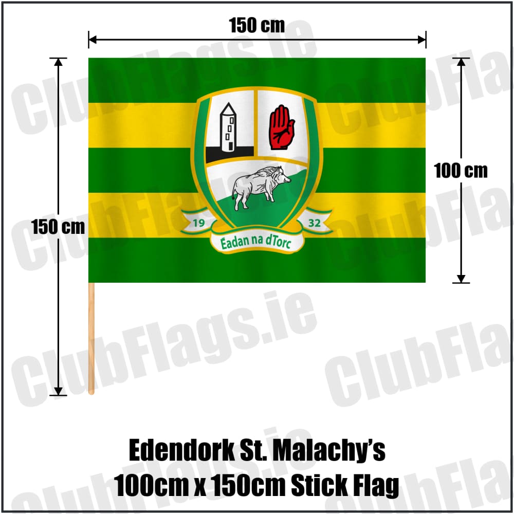 Edendork St. Malachy’s 100cm x 150cm Stick Flag in green and gold, featuring the club crest on realistic fabric with gentle vertical folds; County Tyrone GAA. ClubFlags.ie.