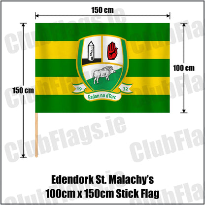 Edendork St. Malachy’s 100cm x 150cm Stick Flag in green and gold, featuring the club crest on realistic fabric with gentle vertical folds; County Tyrone GAA. ClubFlags.ie.