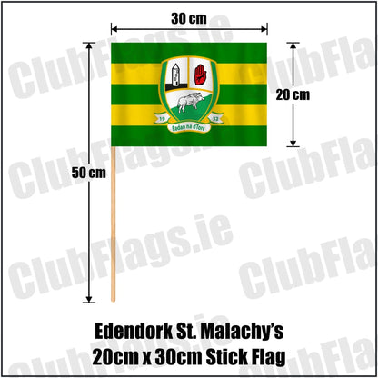 Edendork St. Malachy’s 20cm x 30cm Stick Flag in green and gold, featuring the club crest on realistic fabric with gentle vertical folds; County Tyrone GAA. ClubFlags.ie.