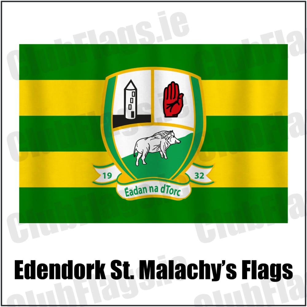Edendork St. Malachy’s Flags in green and gold, featuring the club crest on realistic fabric with gentle vertical folds; County Tyrone GAA. ClubFlags.ie.