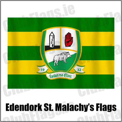 Edendork St. Malachy’s Flags in green and gold, featuring the club crest on realistic fabric with gentle vertical folds; County Tyrone GAA. ClubFlags.ie.