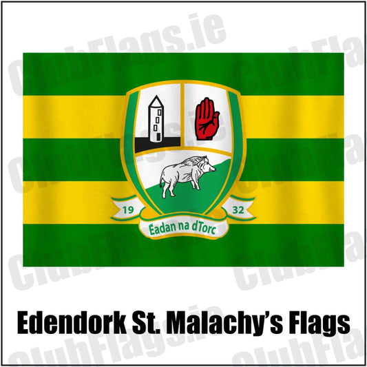 Edendork St. Malachy’s Flags in green and gold, featuring the club crest on realistic fabric with gentle vertical folds; County Tyrone GAA. ClubFlags.ie.