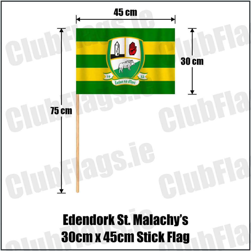 Edendork St. Malachy’s 30cm x 45cm Stick Flag in green and gold, featuring the club crest on realistic fabric with gentle vertical folds; County Tyrone GAA. ClubFlags.ie.