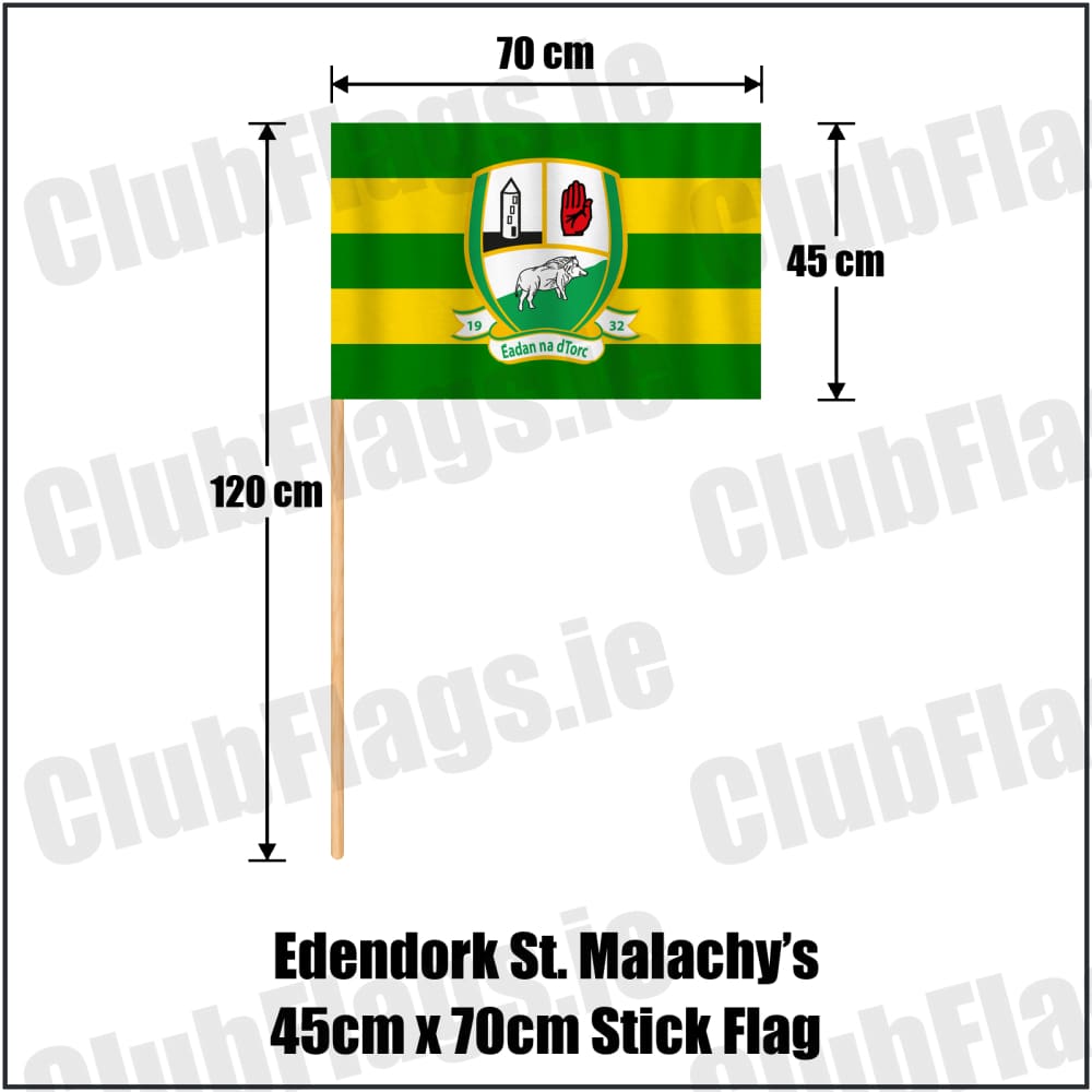 Edendork St. Malachy’s 45cm x 70cm Stick Flag in green and gold, featuring the club crest on realistic fabric with gentle vertical folds; County Tyrone GAA. ClubFlags.ie.