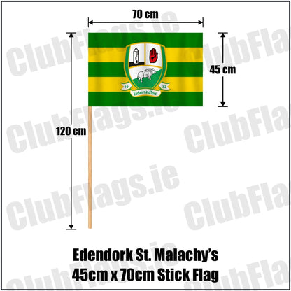 Edendork St. Malachy’s 45cm x 70cm Stick Flag in green and gold, featuring the club crest on realistic fabric with gentle vertical folds; County Tyrone GAA. ClubFlags.ie.
