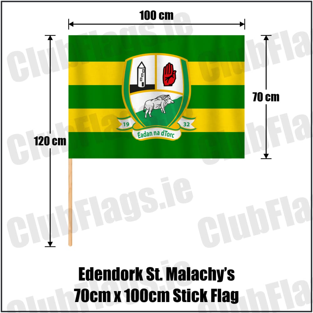 Edendork St. Malachy’s 70cm x 100cm Stick Flag in green and gold, featuring the club crest on realistic fabric with gentle vertical folds; County Tyrone GAA. ClubFlags.ie.