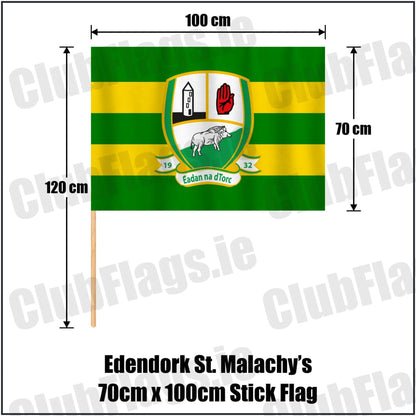 Edendork St. Malachy’s 70cm x 100cm Stick Flag in green and gold, featuring the club crest on realistic fabric with gentle vertical folds; County Tyrone GAA. ClubFlags.ie.