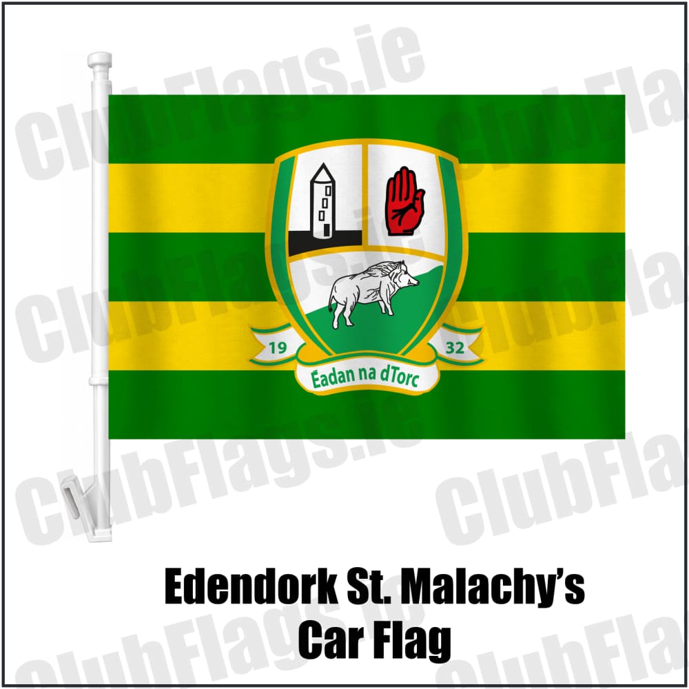 Edendork St. Malachy’s Car Flag in green and gold, featuring the club crest on realistic fabric with gentle vertical folds; County Tyrone GAA. ClubFlags.ie.