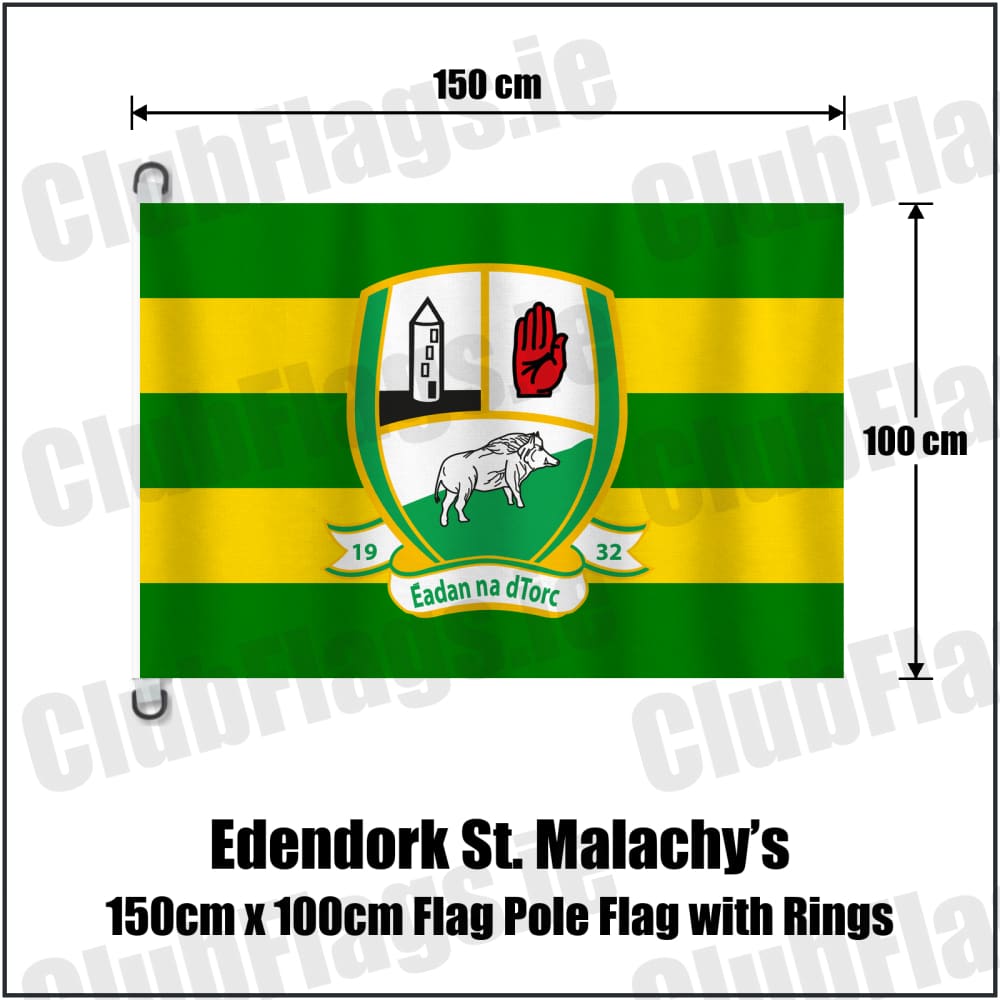 Edendork St. Malachy’s 150cm x 100cm Flag Pole Flag with Rings in green and gold, featuring the club crest on realistic fabric with gentle vertical folds; County Tyrone GAA. ClubFlags.ie.