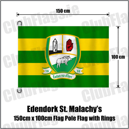Edendork St. Malachy’s 150cm x 100cm Flag Pole Flag with Rings in green and gold, featuring the club crest on realistic fabric with gentle vertical folds; County Tyrone GAA. ClubFlags.ie.