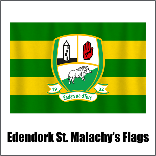 Edendork St. Malachy’s Flags, featuring the club crest and green and gold colours; County Tyrone GAA. ClubFlags.ie.