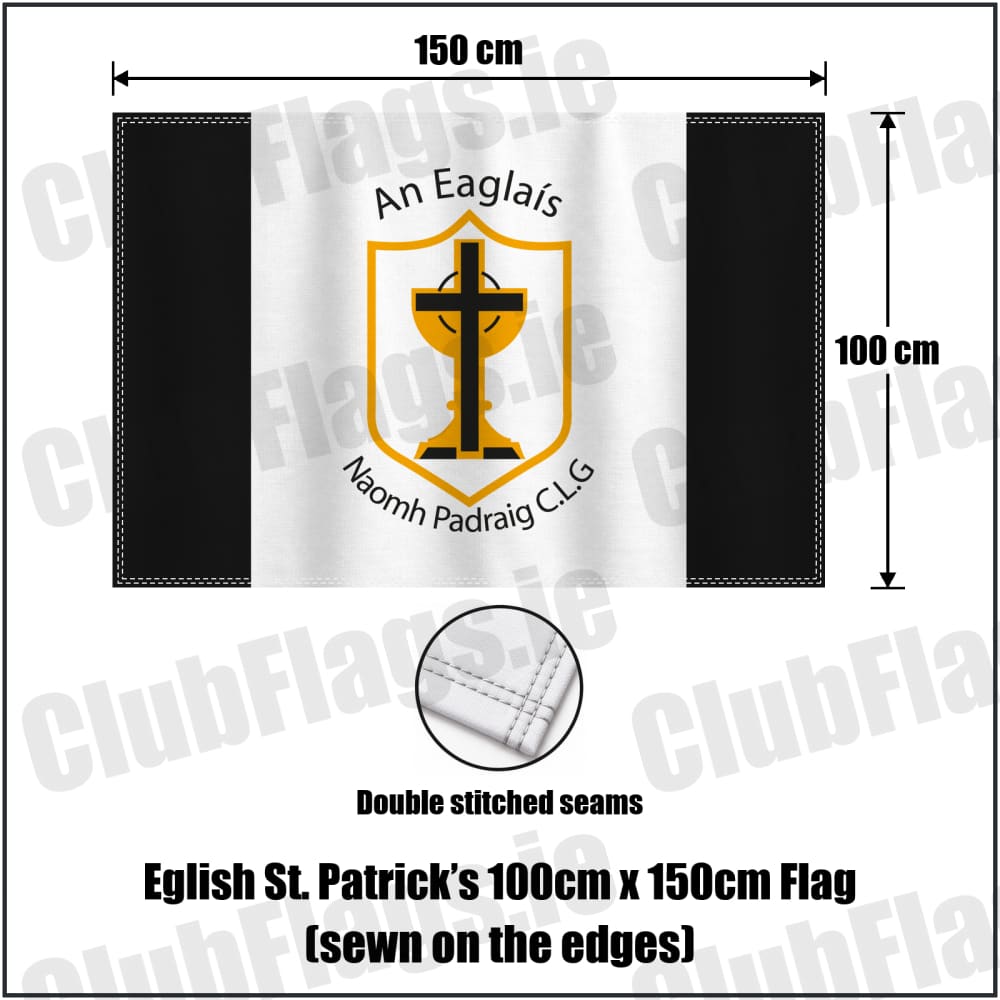 Eglish St. Patrick’s 100cm x 150cm Flag (sewn on the edges) in black and white, featuring the club crest on realistic fabric with gentle vertical folds; County Tyrone GAA. ClubFlags.ie.