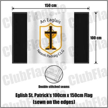 Eglish St. Patrick’s 100cm x 150cm Flag (sewn on the edges) in black and white, featuring the club crest on realistic fabric with gentle vertical folds; County Tyrone GAA. ClubFlags.ie.