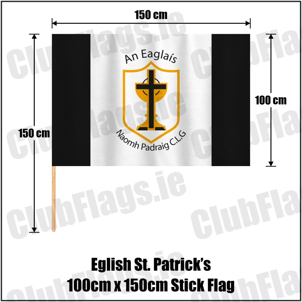 Eglish St. Patrick’s 100cm x 150cm Stick Flag in black and white, featuring the club crest on realistic fabric with gentle vertical folds; County Tyrone GAA. ClubFlags.ie.