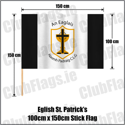 Eglish St. Patrick’s 100cm x 150cm Stick Flag in black and white, featuring the club crest on realistic fabric with gentle vertical folds; County Tyrone GAA. ClubFlags.ie.