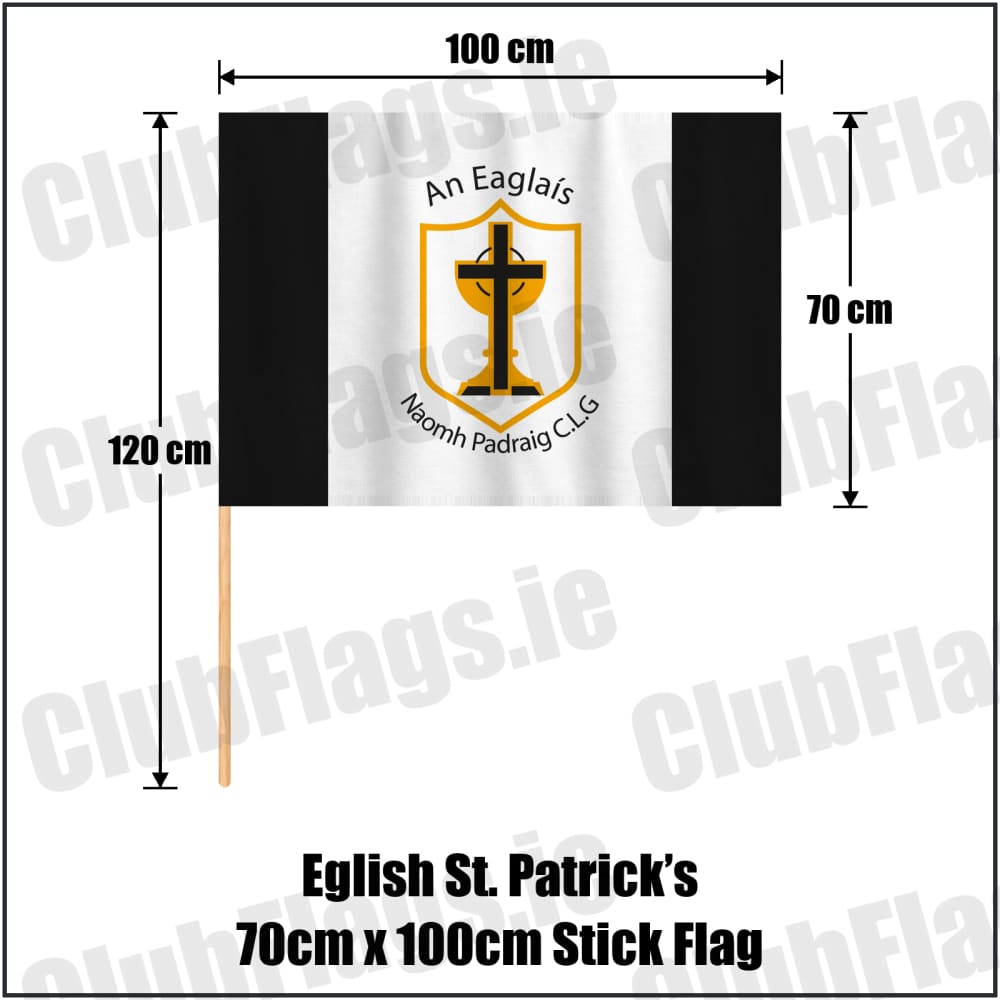 Eglish St. Patrick’s 70cm x 100cm Stick Flag in black and white, featuring the club crest on realistic fabric with gentle vertical folds; County Tyrone GAA. ClubFlags.ie.