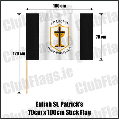 Eglish St. Patrick’s 70cm x 100cm Stick Flag in black and white, featuring the club crest on realistic fabric with gentle vertical folds; County Tyrone GAA. ClubFlags.ie.