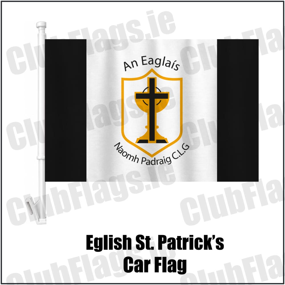 Eglish St. Patrick’s Car Flag in black and white, featuring the club crest on realistic fabric with gentle vertical folds; County Tyrone GAA. ClubFlags.ie.